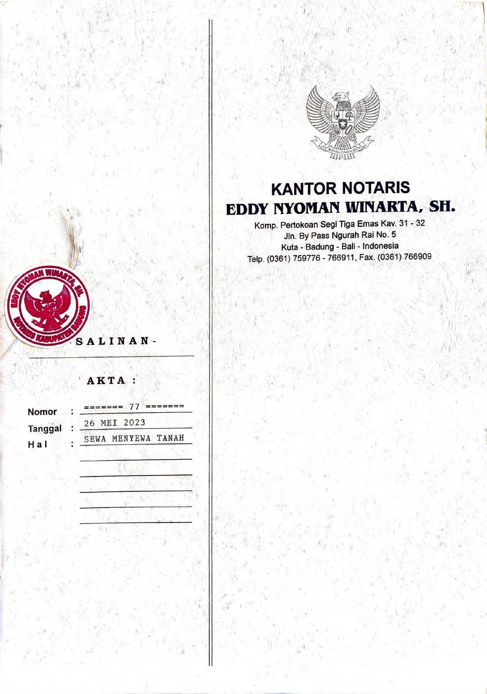 Akta 77 — Land Lease Agreement Sky Garden 2